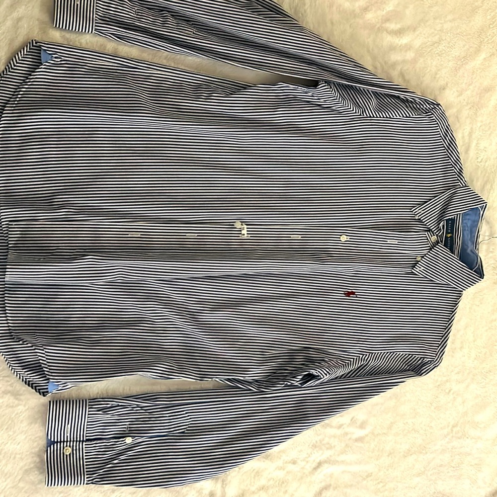 Button-down dress shirt. Ralph Lauren brand. Blue and white stripes.